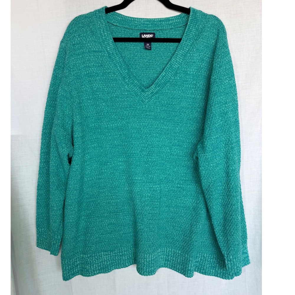 Lands End V-Neck Sweater Green Marled Cotton Textured Cottagecore 3X 24W-26W